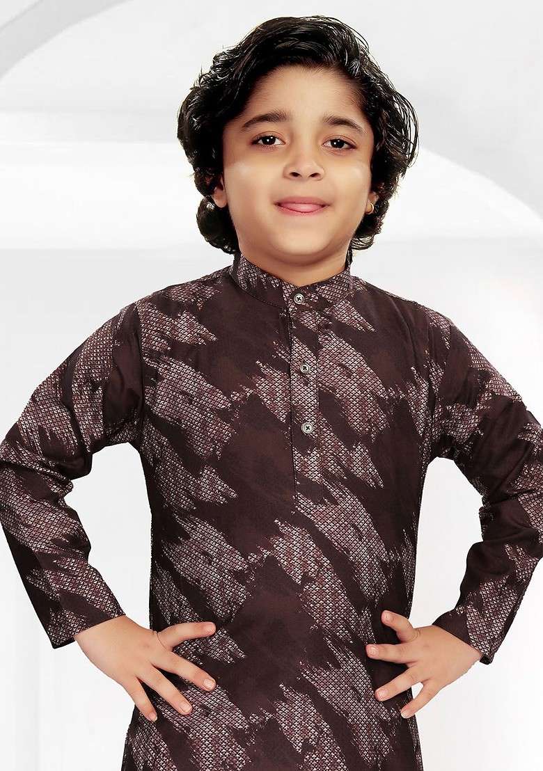 Brown Printed Blended Kurta Set For Boys - Indya