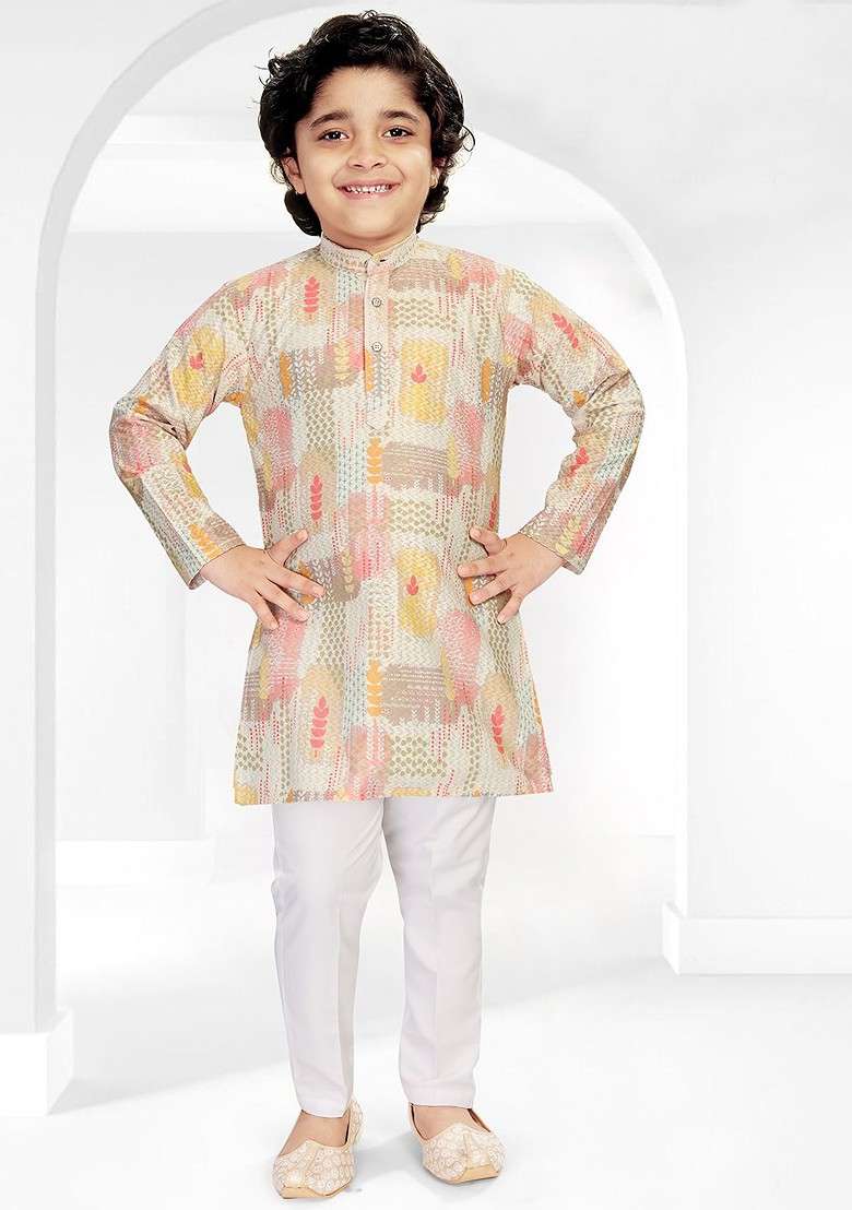 Peach Printed Blended Kurta Set For Boys - Indya