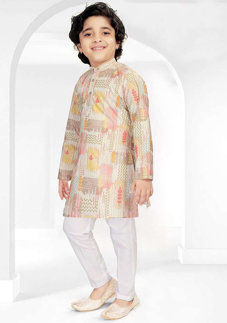 Peach Printed Blended Kurta Set For Boys - Indya
