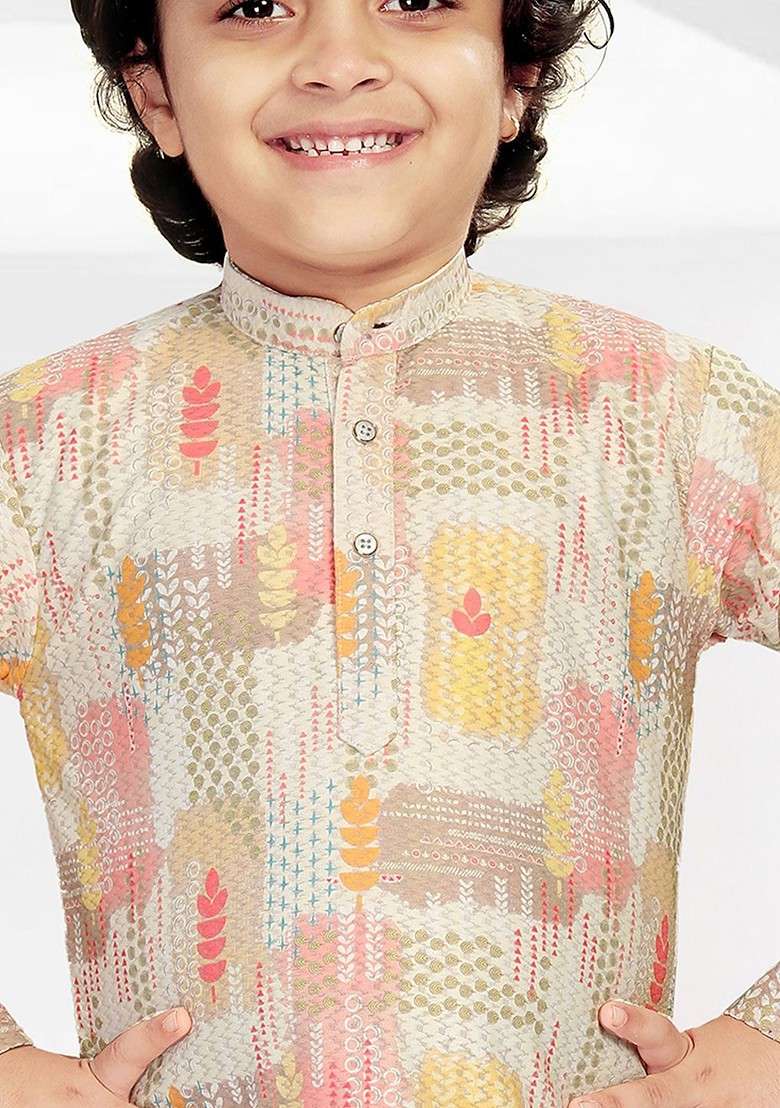 Peach Printed Blended Kurta Set For Boys - Indya