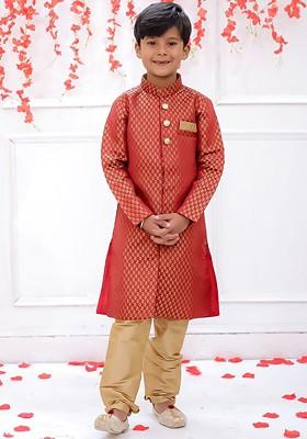Maroon Self Design Blended Kurta Set For Boys