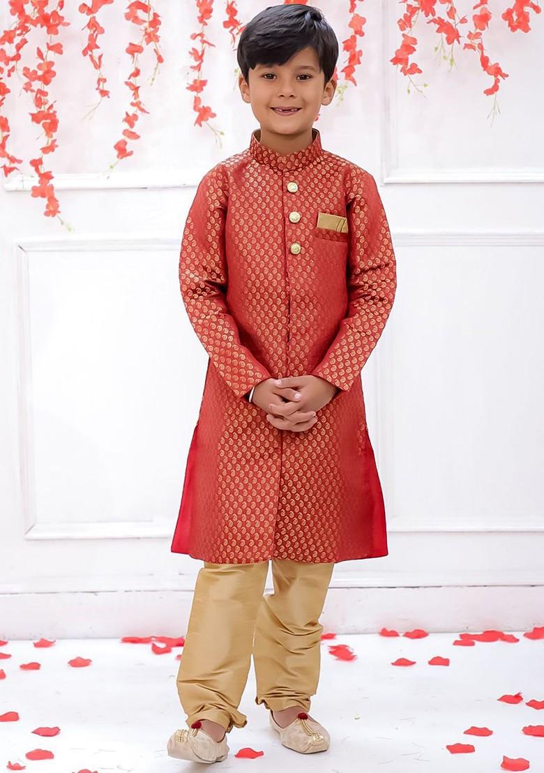 Maroon Self Design Blended Kurta Set For Boys - Indya