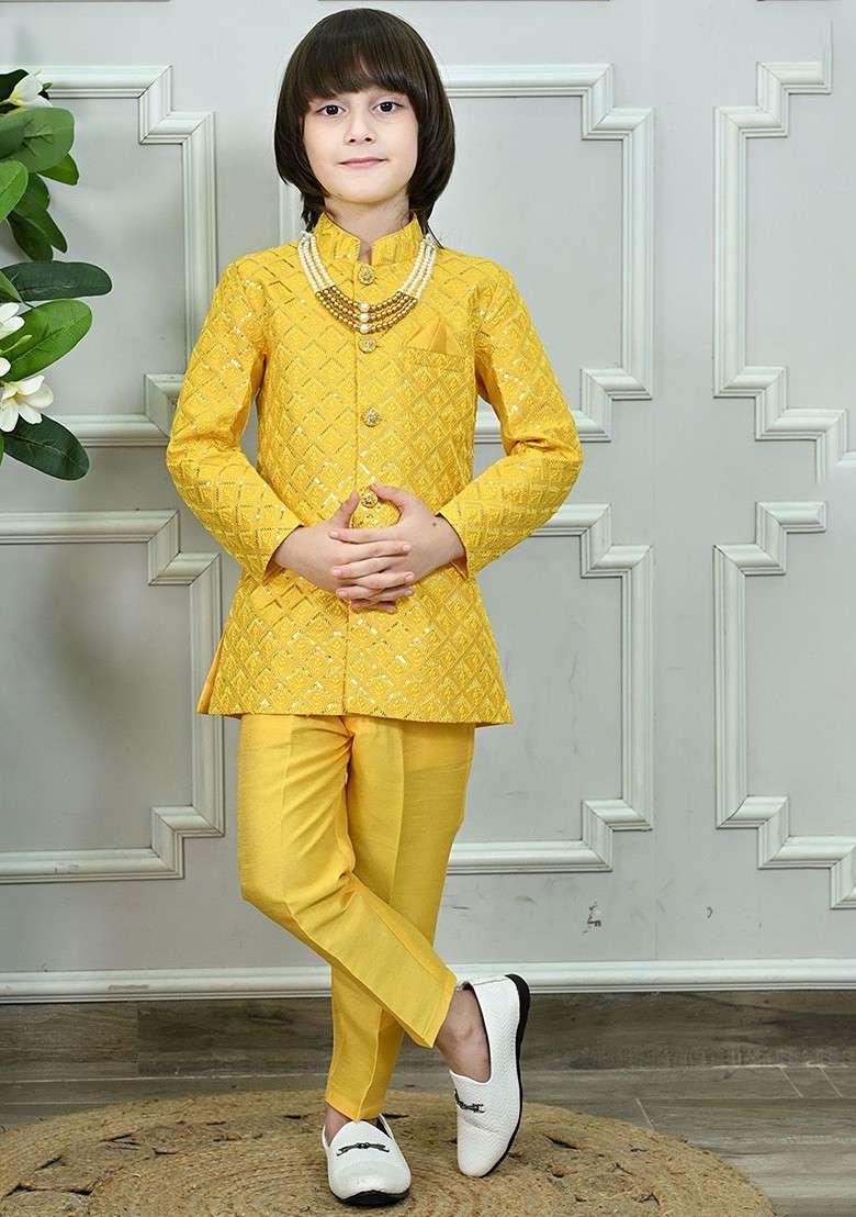 Yellow Self Design Blended Kurta Set For Boys - Indya