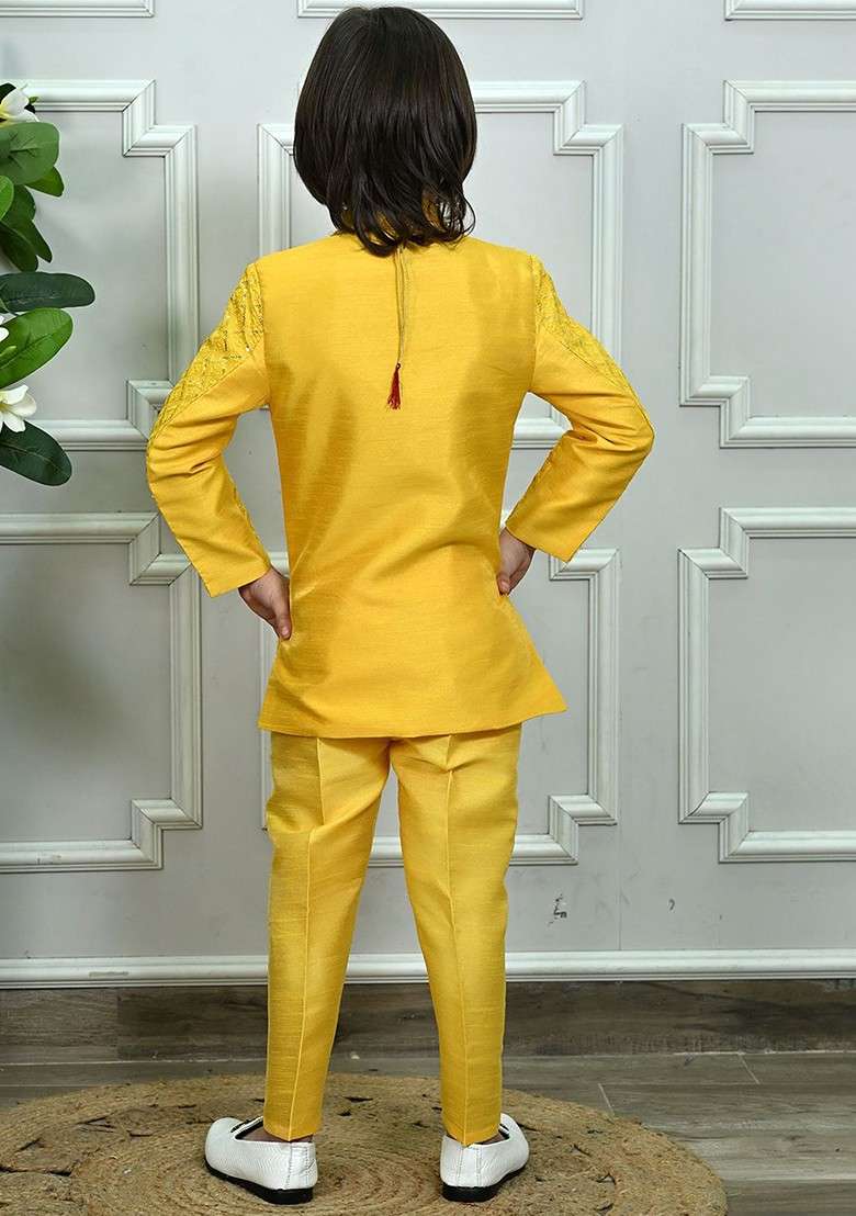 Yellow Self Design Blended Kurta Set For Boys - Indya