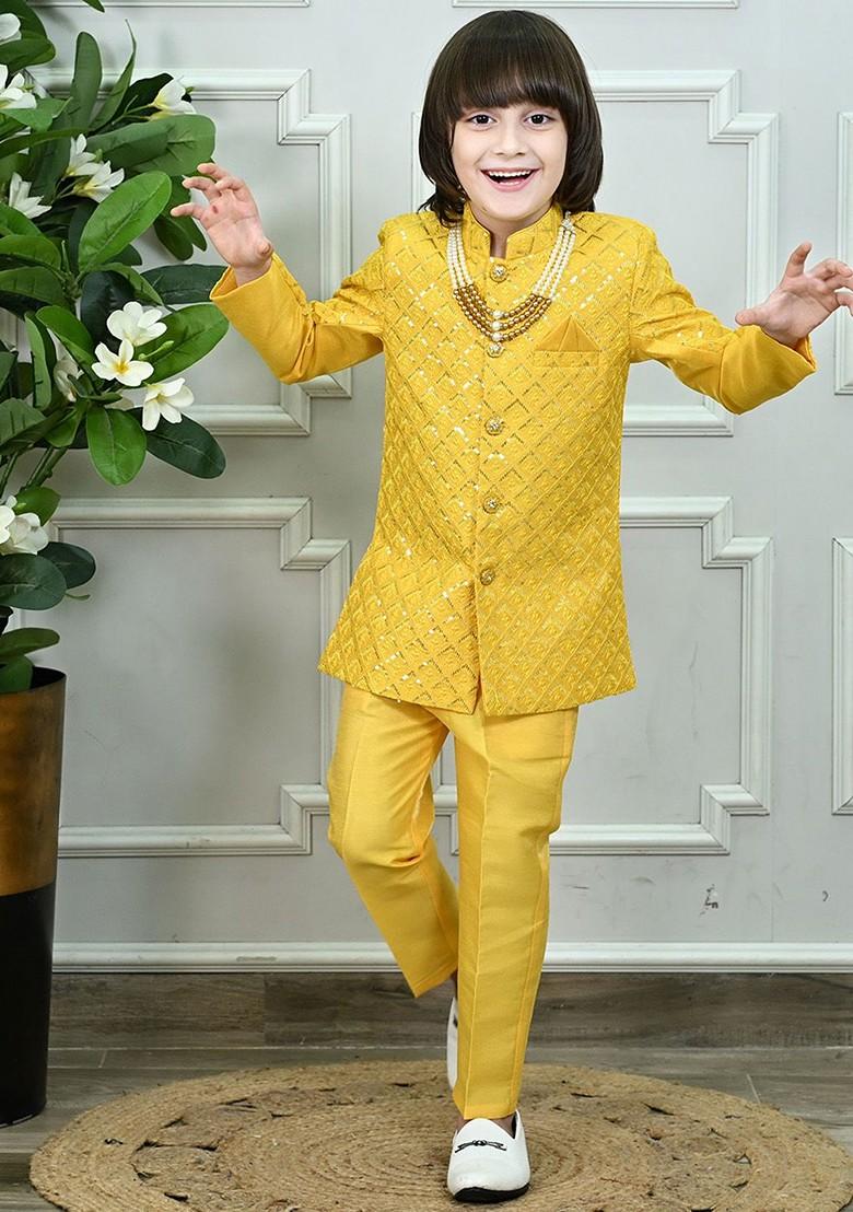 Yellow Self Design Blended Kurta Set For Boys - Indya