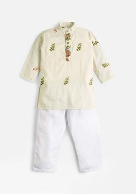 Green Printed Cotton Kurta Set For Boys