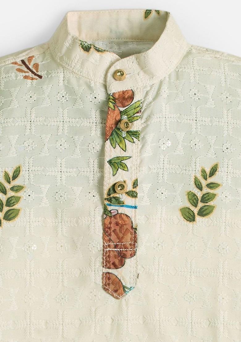 Green Printed Cotton Kurta Set For Boys - Indya