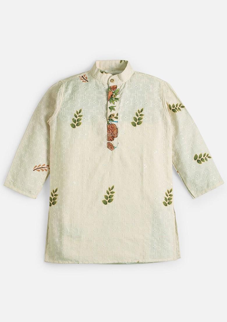 Green Printed Cotton Kurta Set For Boys - Indya