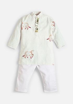 Off White Printed Cotton Kurta Set For Boys