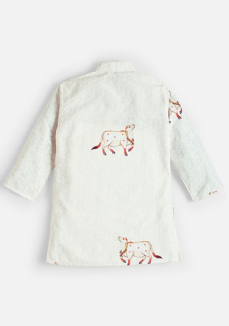 Off White Printed Cotton Kurta Set For Boys - Indya