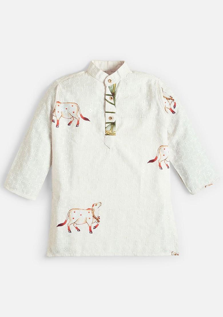 Off White Printed Cotton Kurta Set For Boys - Indya