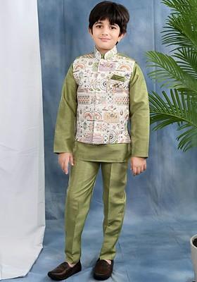 Olive Embroidered Cotton Kurta Set For Boys