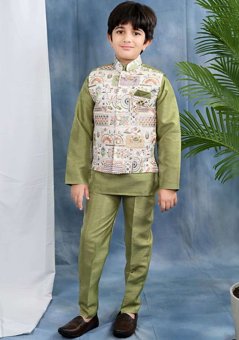 Olive Embroidered Cotton Kurta Set For Boys - Indya
