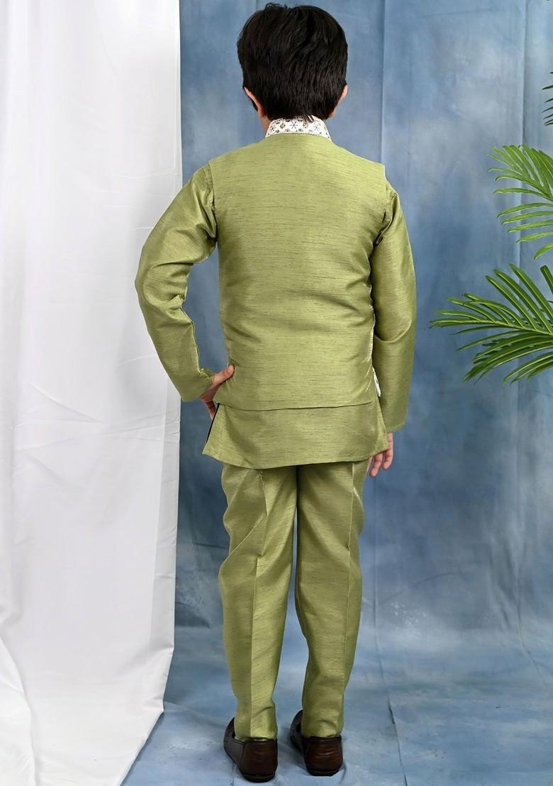 Olive Embroidered Cotton Kurta Set For Boys - Indya