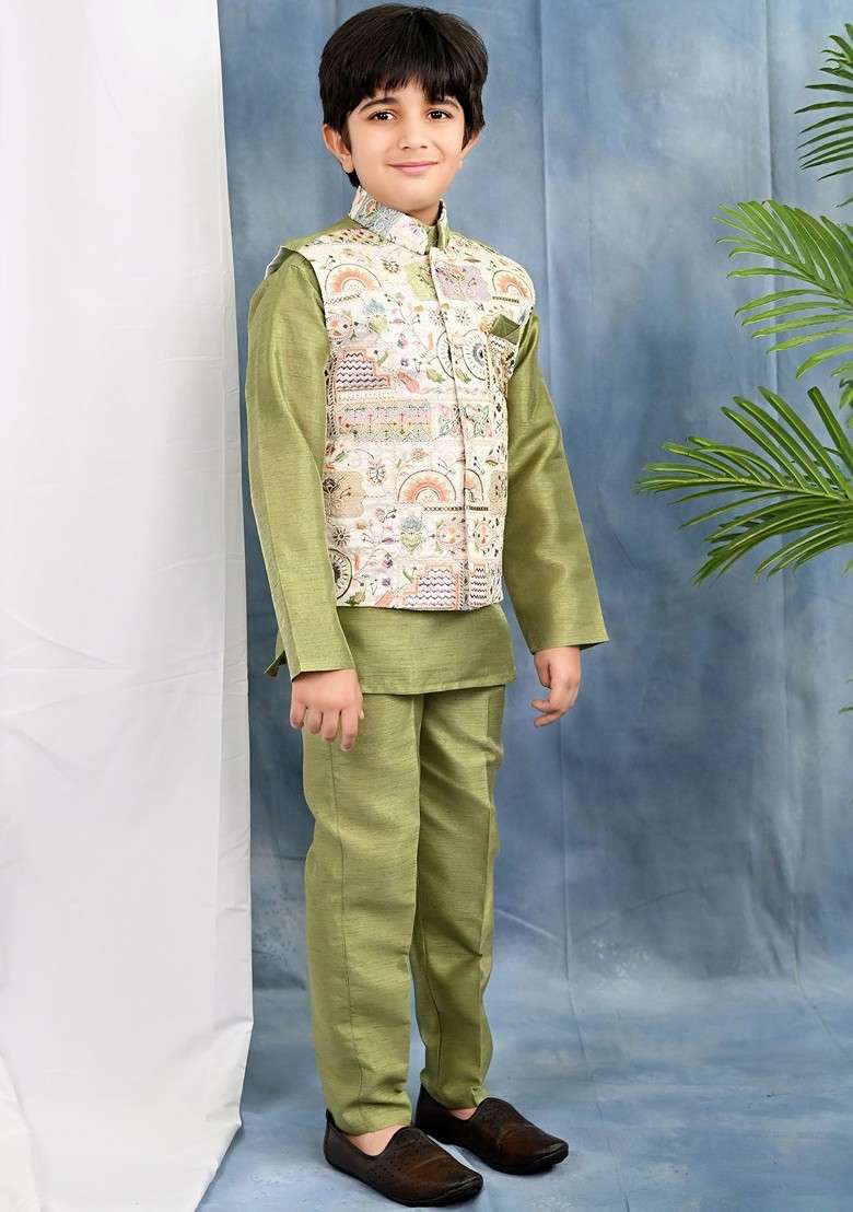 Olive Embroidered Cotton Kurta Set For Boys - Indya