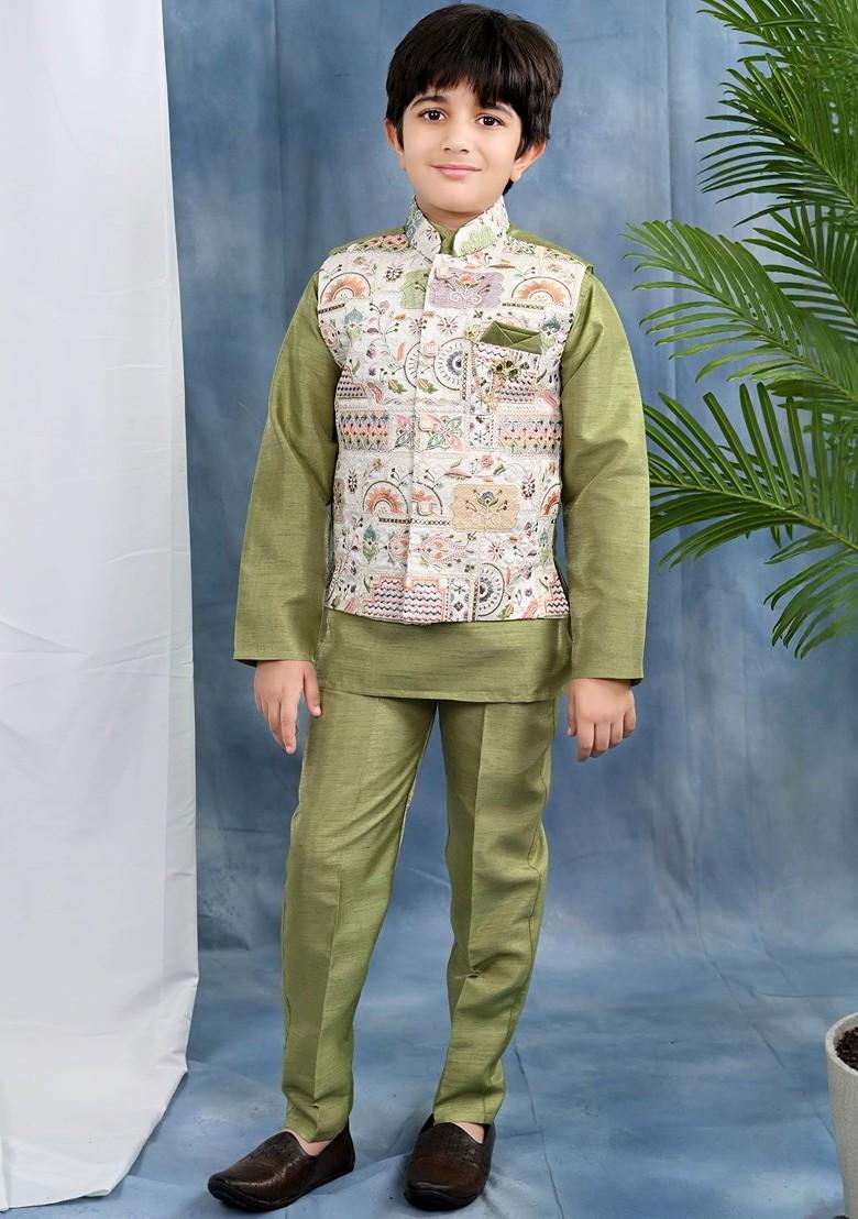 Olive Embroidered Cotton Kurta Set For Boys - Indya