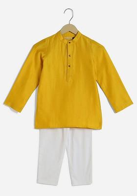 Yellow Solid Blended Kurta Set For Boys