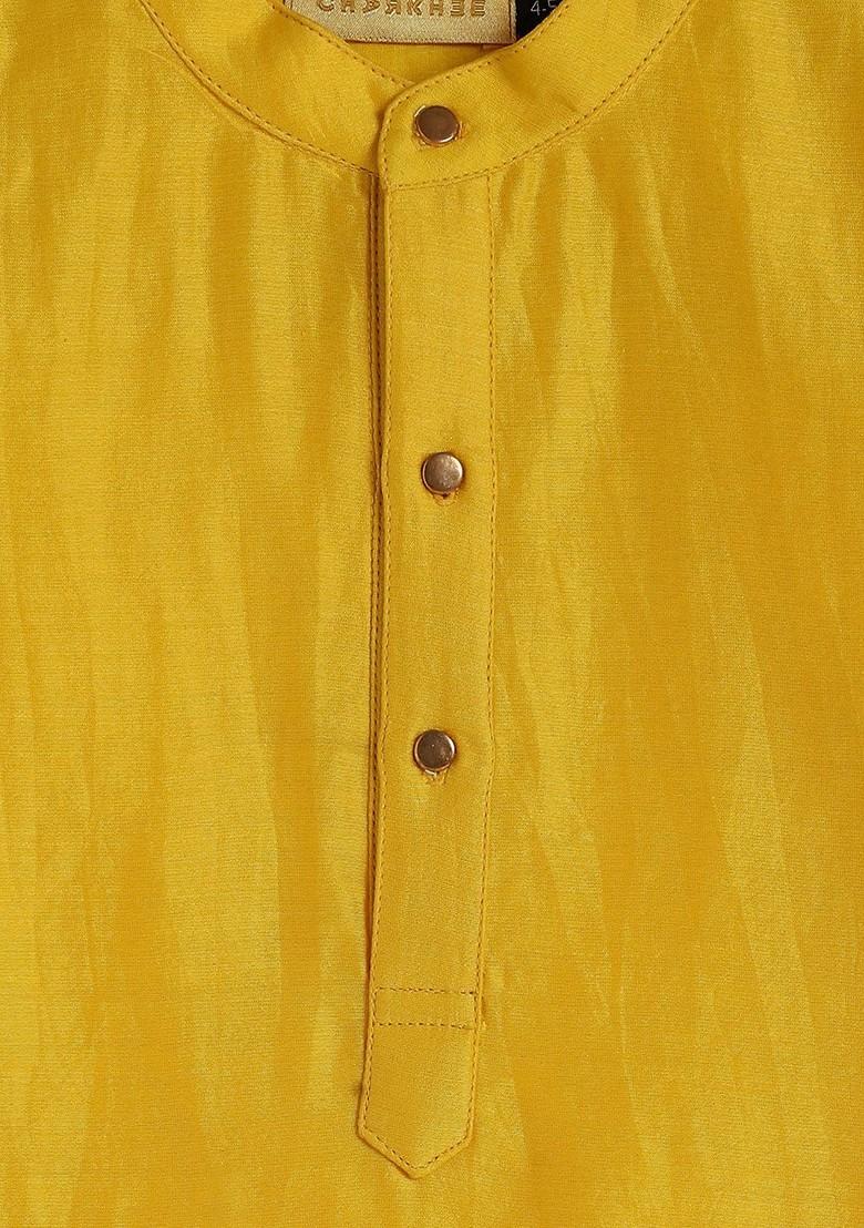 Yellow Solid Blended Kurta Set For Boys - Indya