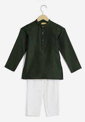 Green Embroidered Silk Kurta Set For Boys