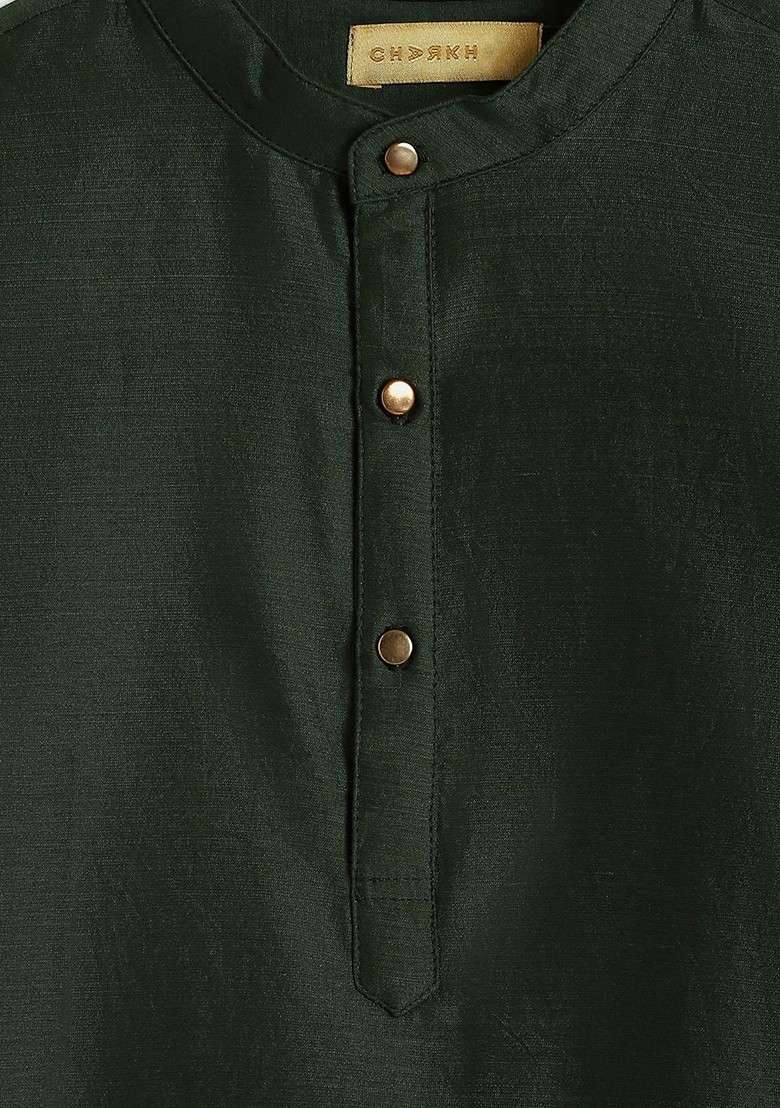 Green Embroidered Silk Kurta Set For Boys - Indya