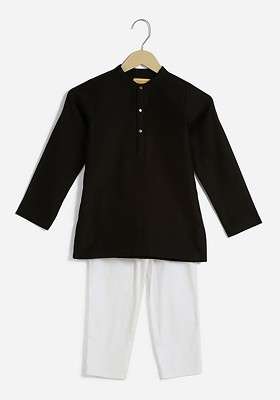 Black Embroidered Silk Kurta Set For Boys