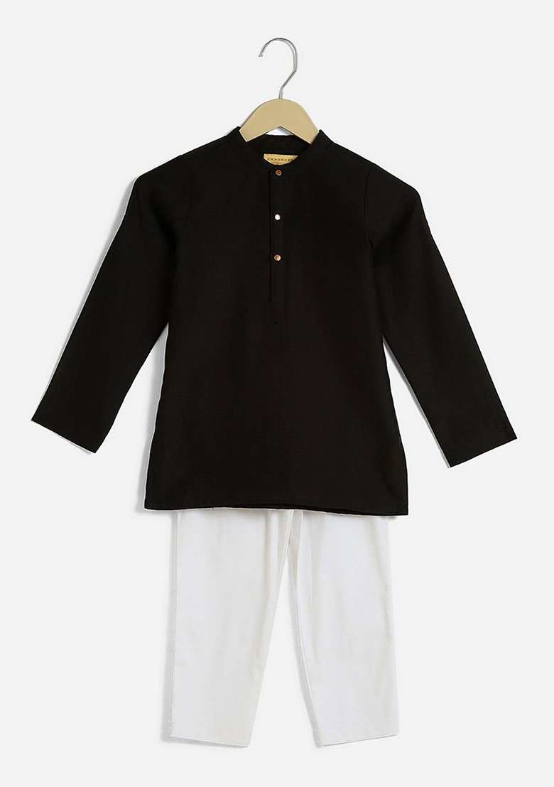 Black Embroidered Silk Kurta Set For Boys - Indya