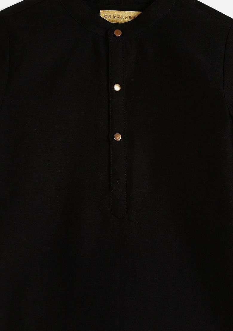 Black Embroidered Silk Kurta Set For Boys - Indya