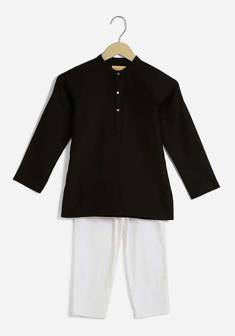 Black Embroidered Silk Kurta Set For Boys