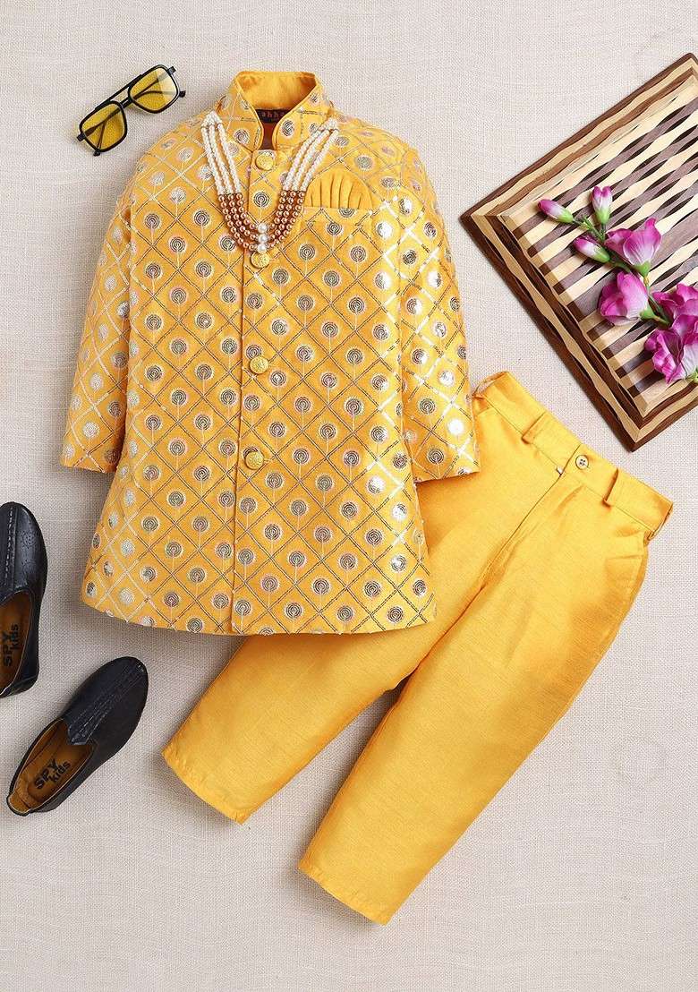 Yellow Sequinned Blended Kurta Set For Boys - Indya