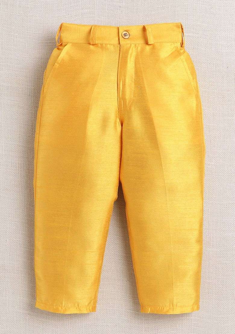 Yellow Sequinned Blended Kurta Set For Boys - Indya