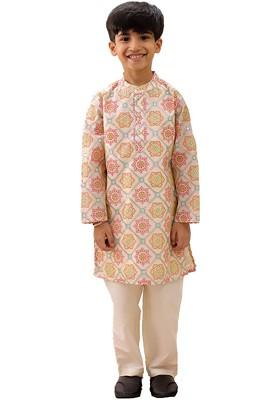 Off White Printed Blended Kurta Set For Boys