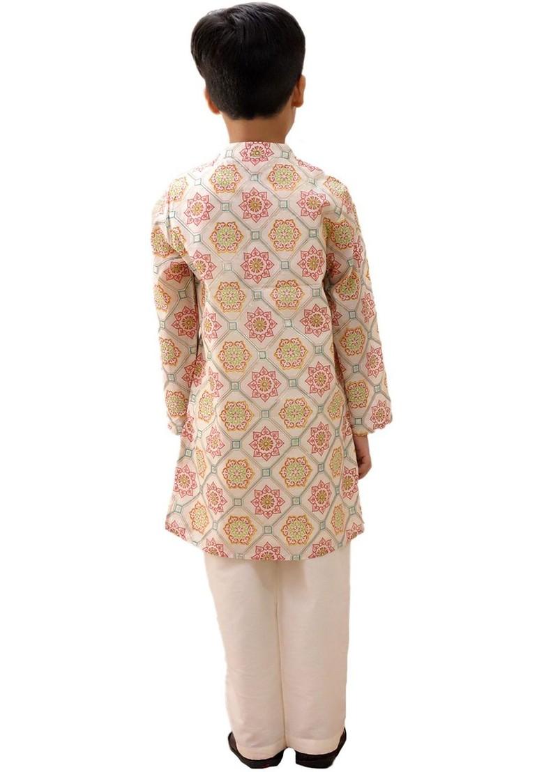 Off White Printed Blended Kurta Set For Boys - Indya