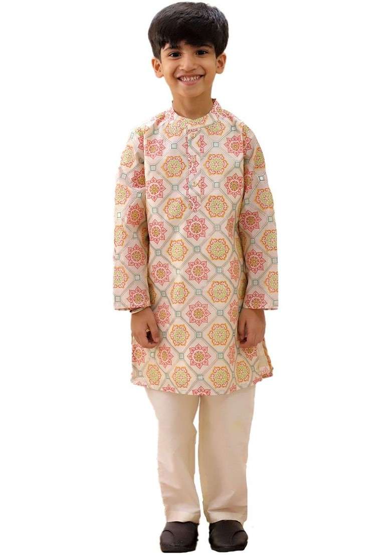 Off White Printed Blended Kurta Set For Boys - Indya
