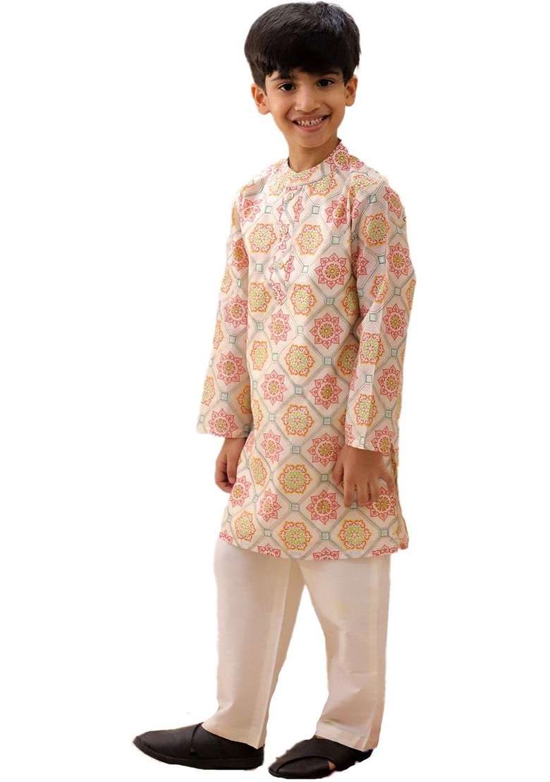 Off White Printed Blended Kurta Set For Boys - Indya