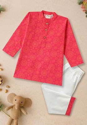 Pink Printed Cotton Kurta Set For Boys