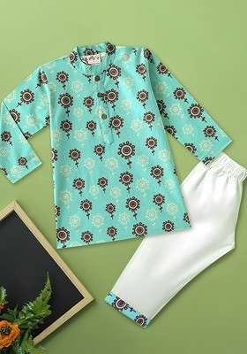 Teal Printed Cotton Kurta Set For Boys