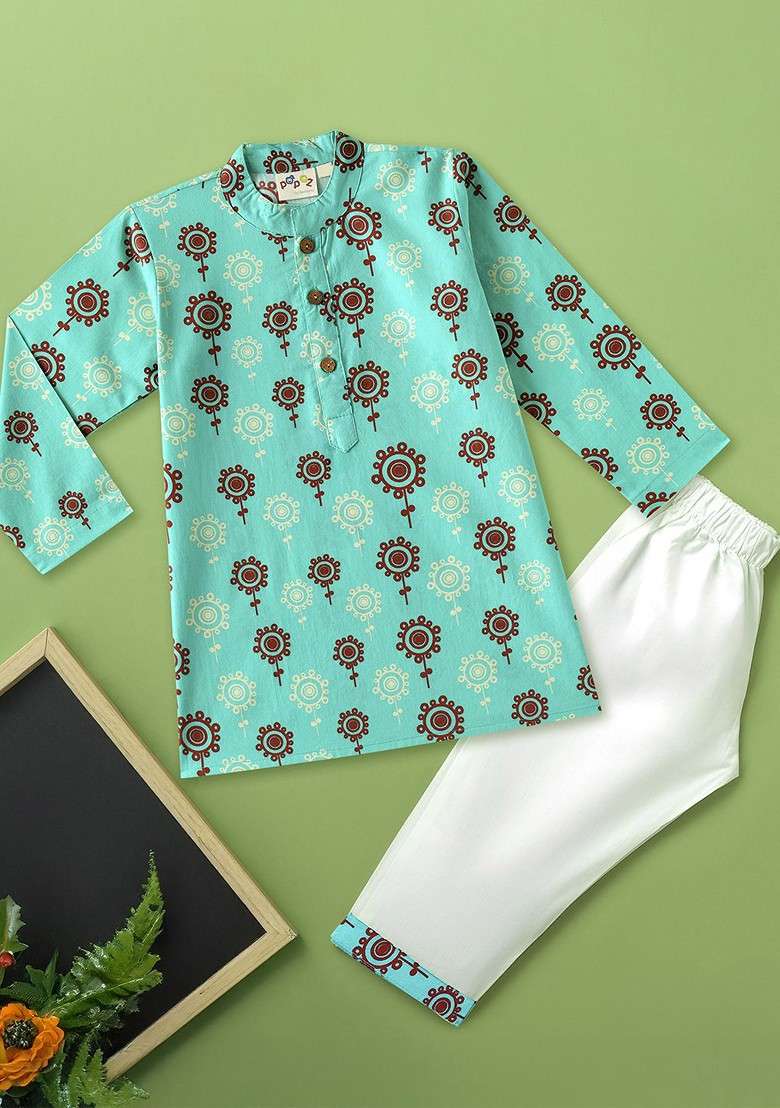 Teal Printed Cotton Kurta Set For Boys - Indya