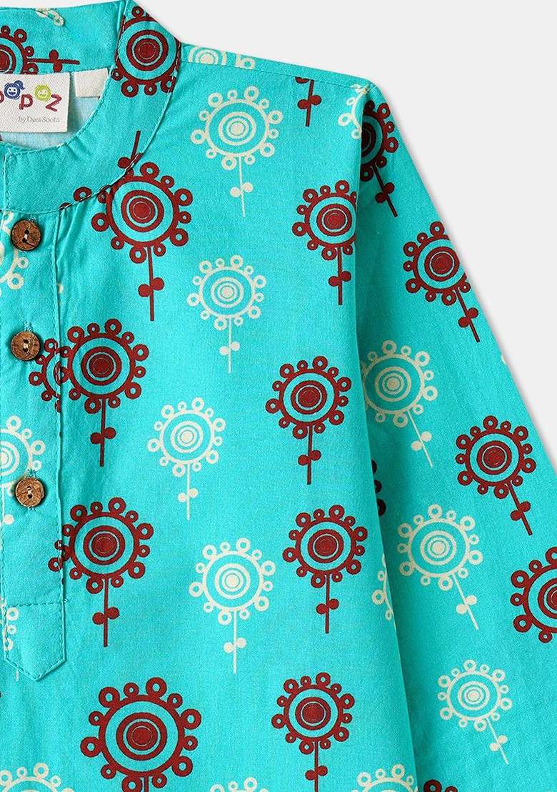 Teal Printed Cotton Kurta Set For Boys - Indya