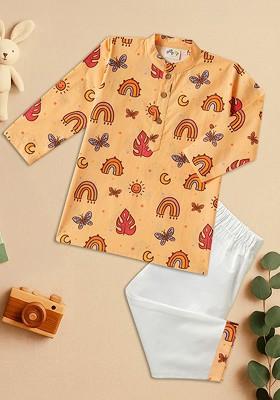 Peach Printed Cotton Kurta Set For Boys