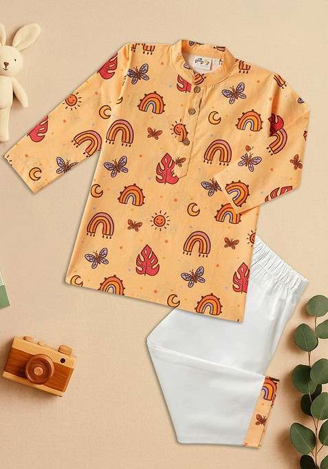 Peach Printed Cotton Kurta Set For Boys