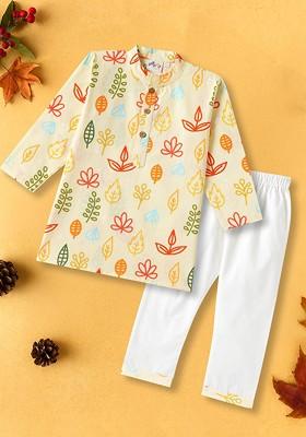Yellow Printed Cotton Kurta Set For Boys