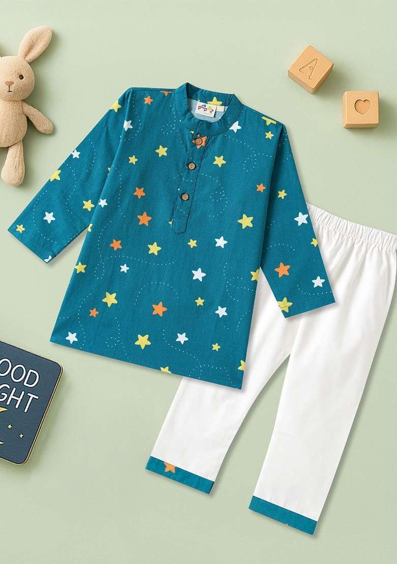 Teal Printed Cotton Kurta Set For Boys - Indya
