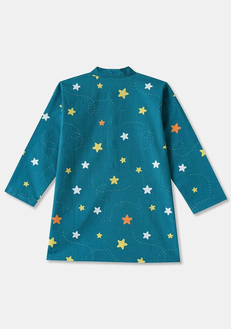 Teal Printed Cotton Kurta Set For Boys - Indya