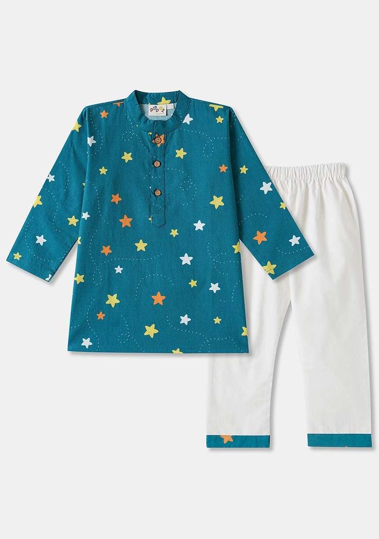 Teal Printed Cotton Kurta Set For Boys - Indya