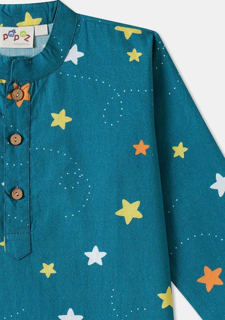 Teal Printed Cotton Kurta Set For Boys - Indya