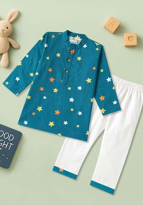 Teal Printed Cotton Kurta Set For Boys