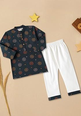 Charcoal Embroidered Cotton Kurta Set For Boys