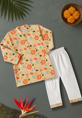 Beige Printed Cotton Kurta Set For Boys