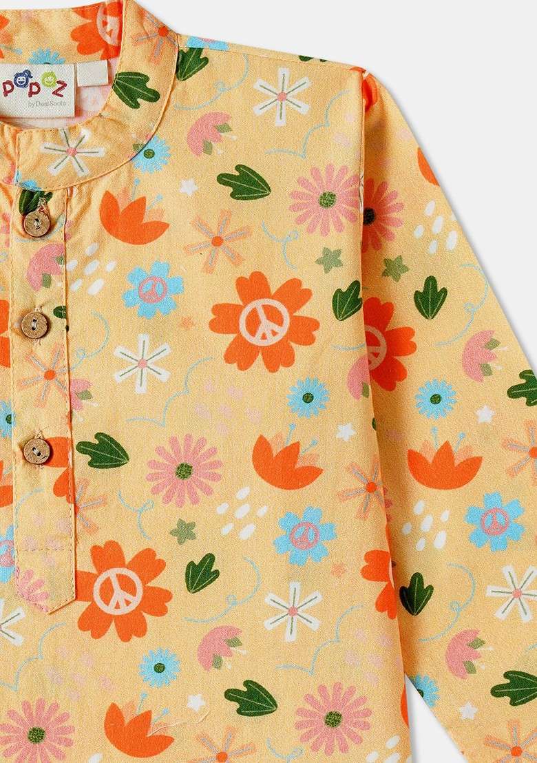 Beige Printed Cotton Kurta Set For Boys - Indya