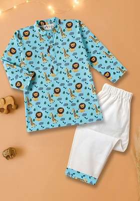 Blue Printed Cotton Kurta Set For Boys